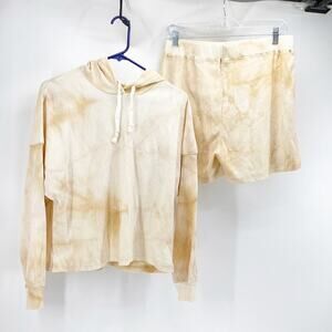 Gaovot 2 piece set ribbed shorts and hood tie dye cozy cotton blend tan lounge S